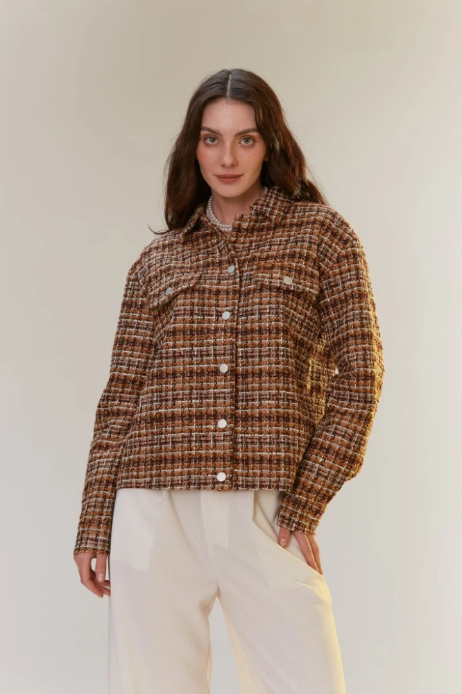 Куртка-рубашка твидовая в клетку с накладными карманами INSPIRE, цвет: коричневый,  купить онлайн