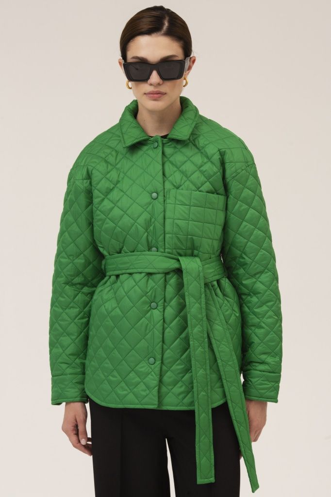 Куртка-рубашка стеганая с поясом (зеленый) (S, зеленый)