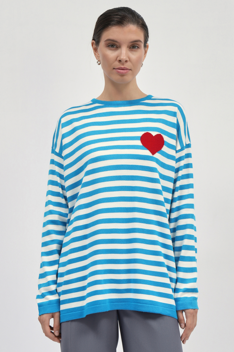 Джемпер в полоску с сердцем (Цвет: бело-голубой) (OS, бело-голубой)