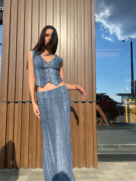 Костюм из вареного льна жилет и юбка макси Ricoco  купить онлайн