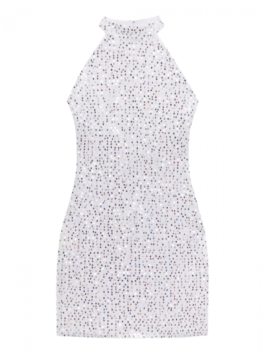 Платье с открытой спиной мини (Цвет: Белый с серебром) (S, белый с серебром)